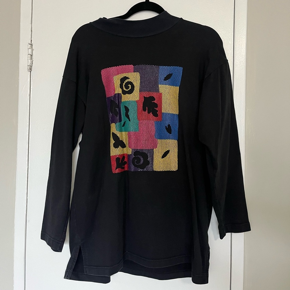 100% cotton vintage Black Long Sleeve Tee with Colorful Geometric Art